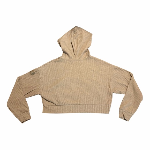 Alo Muse Ribbed Cropped Hoodie Gravel Tan Medium - Picture 3 of 4